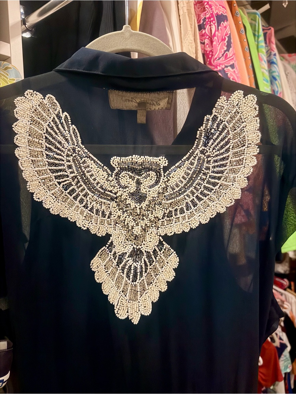 Sheryl Crow Beaded Owl Design Navy Hi Lo Dress L - New without Tags